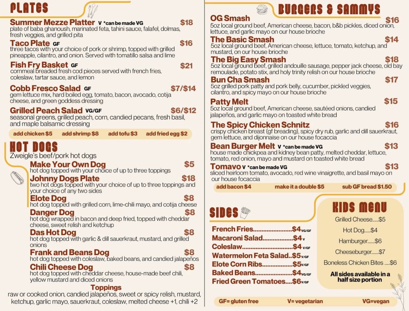 Johnny's Kitchen menu listing plates, hot dogs, burgers and sammys, sides, and a kids menu with prices