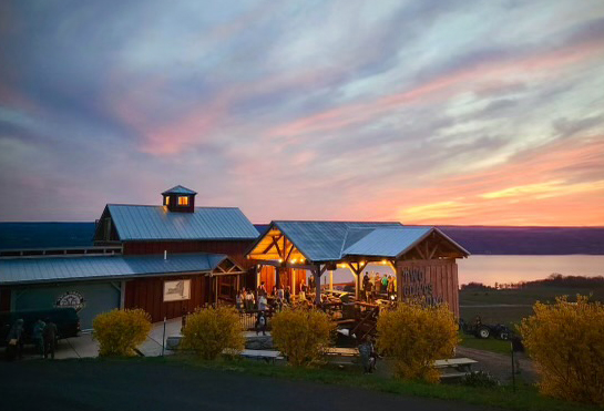 Two Goats Brewing at sunset with Seneca Lake views